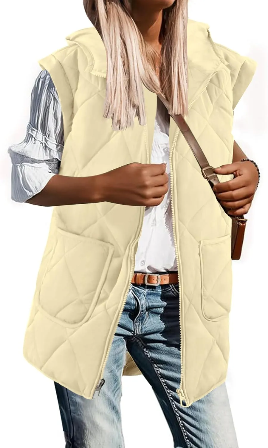 LEANI Womens Long Puffer Vest Full-Zip Hooded Sleeveless Jacket Coats with Pockets