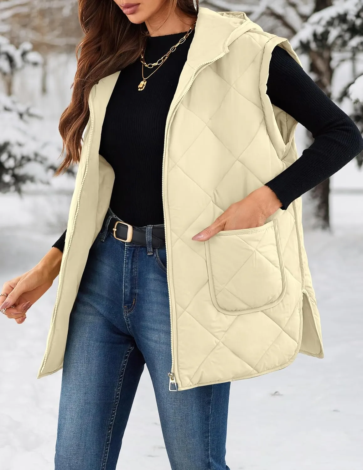 LEANI Womens Long Puffer Vest Full-Zip Hooded Sleeveless Jacket Coats with Pockets