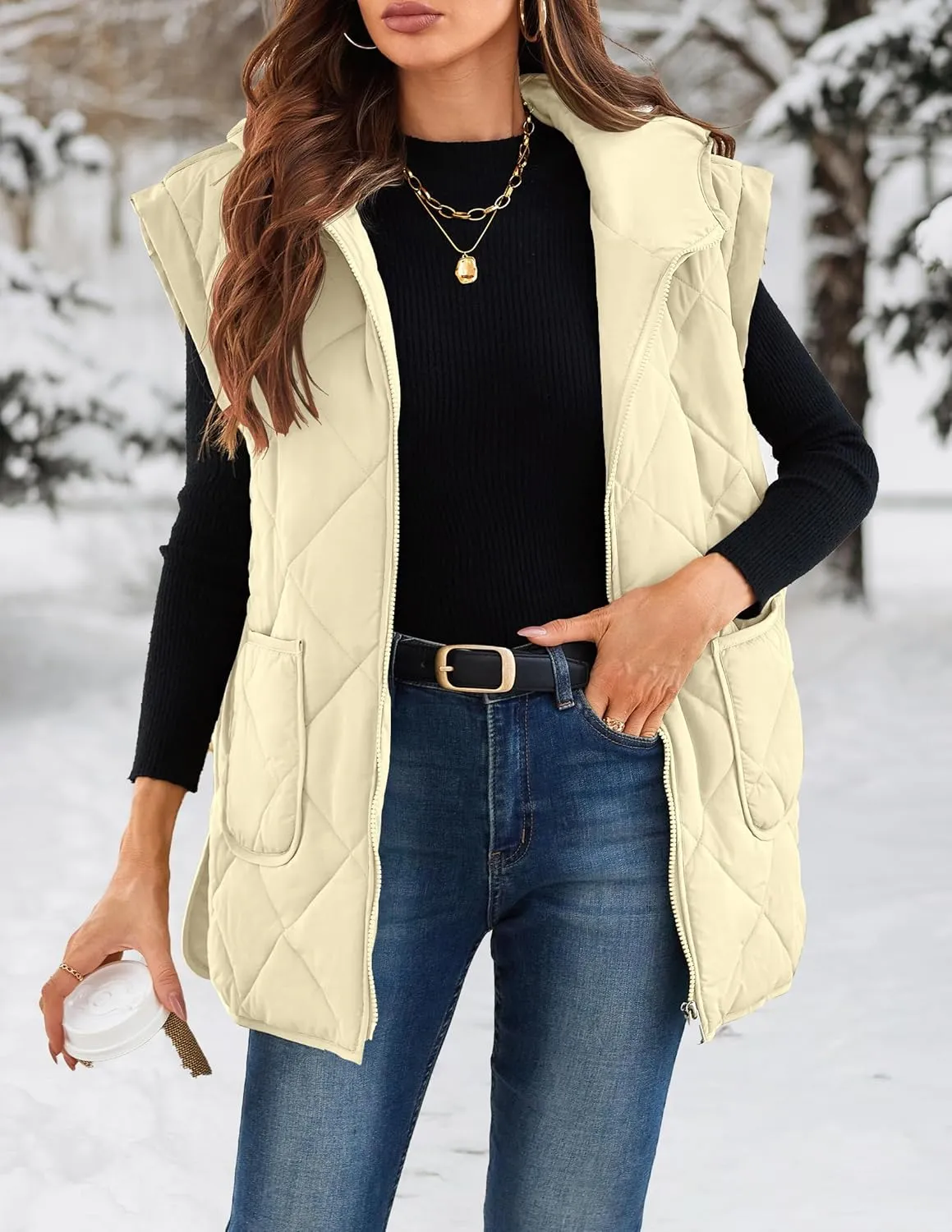 LEANI Womens Long Puffer Vest Full-Zip Hooded Sleeveless Jacket Coats with Pockets