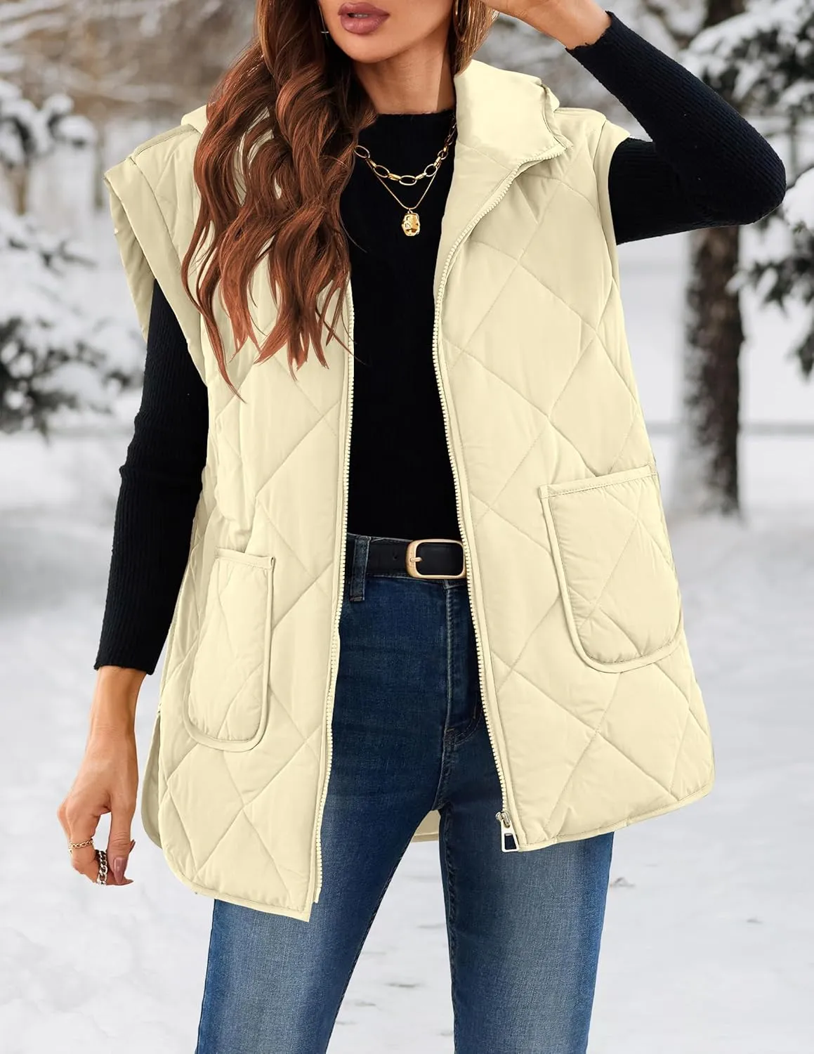 LEANI Womens Long Puffer Vest Full-Zip Hooded Sleeveless Jacket Coats with Pockets