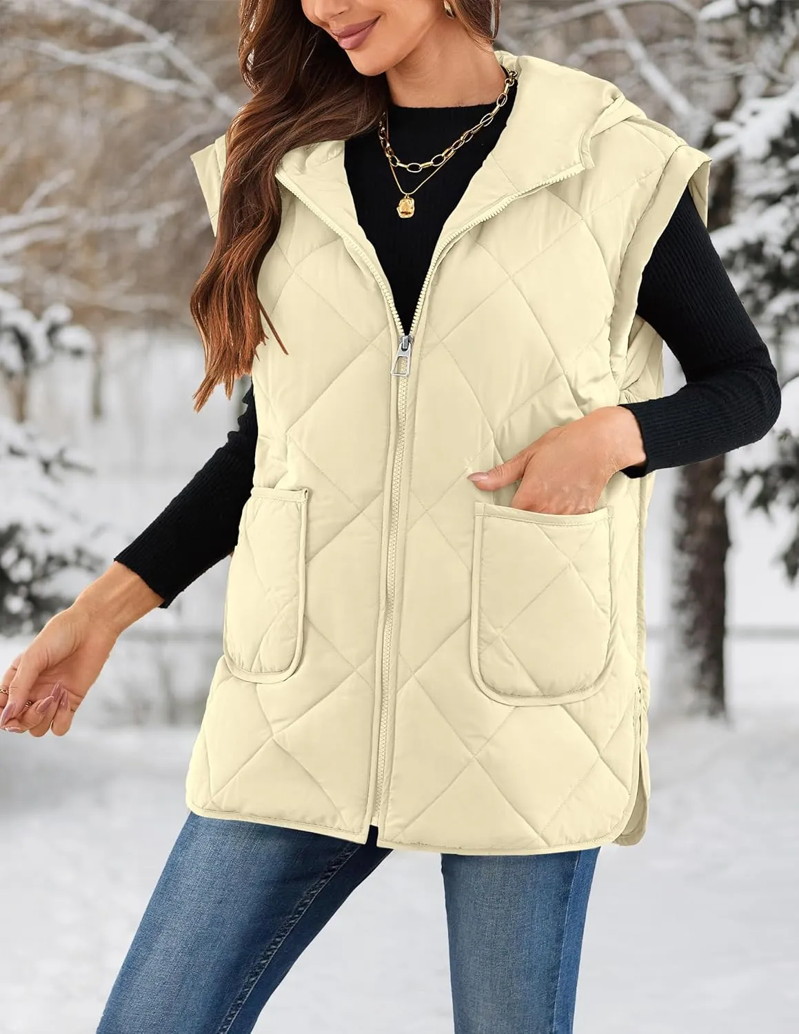 LEANI Womens Long Puffer Vest Full-Zip Hooded Sleeveless Jacket Coats with Pockets