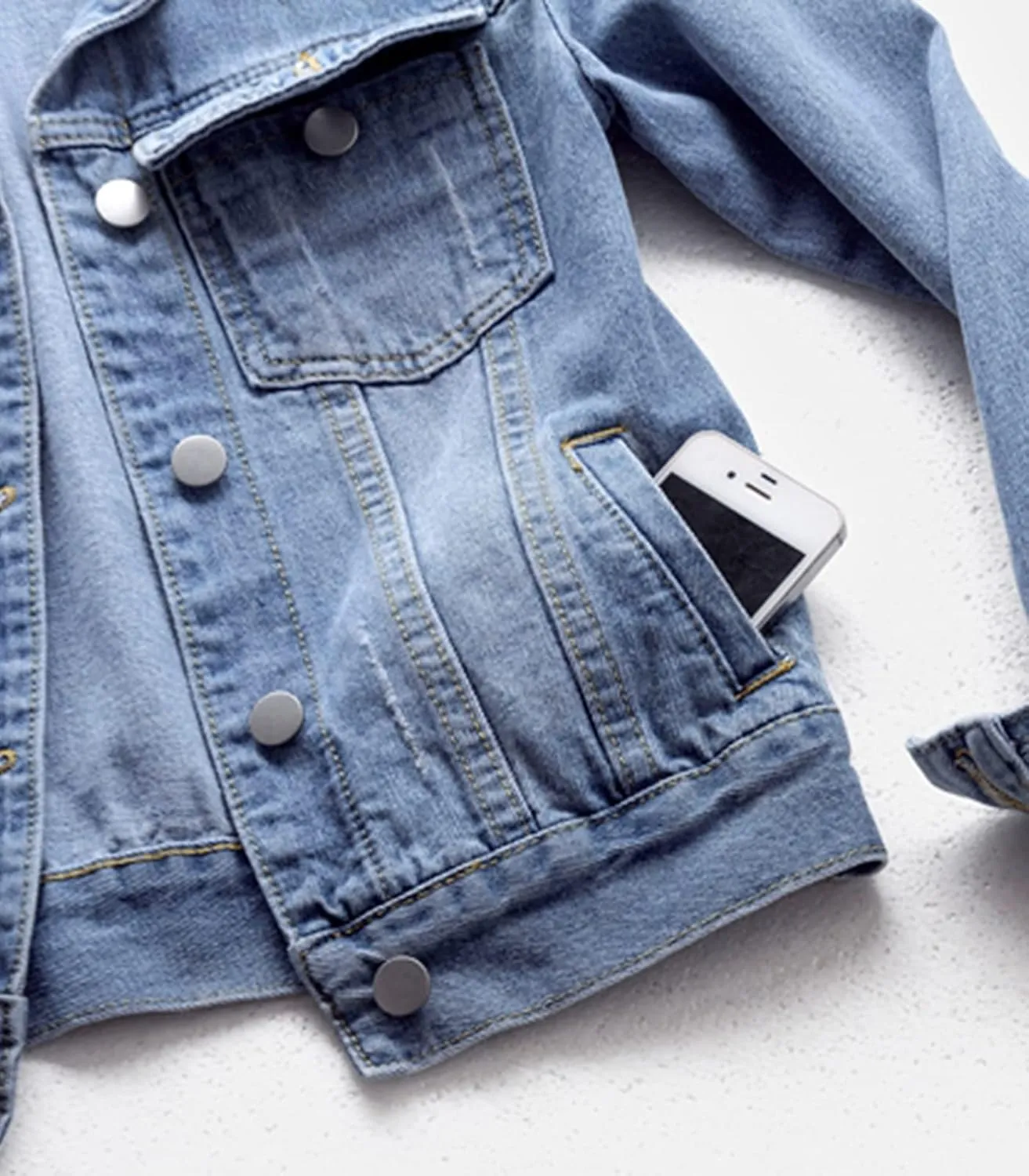 LifeShe Women's Basic Long Sleeve Button Down Distressed Denim Jackets Jean Jacket Coat