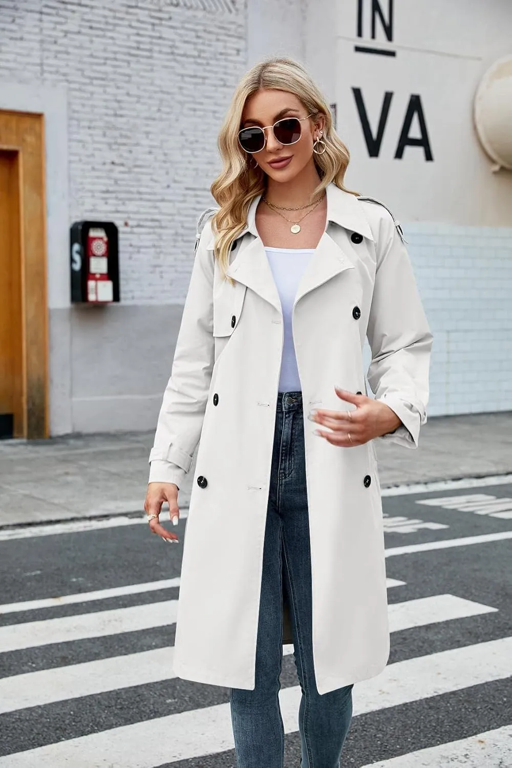 Makkrom Women's Double Breasted Long Trench Coat Windproof Classic Lapel Slim Overcoat with Belt