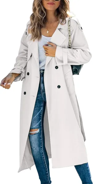Makkrom Women's Double Breasted Long Trench Coat Windproof Classic Lapel Slim Overcoat with Belt