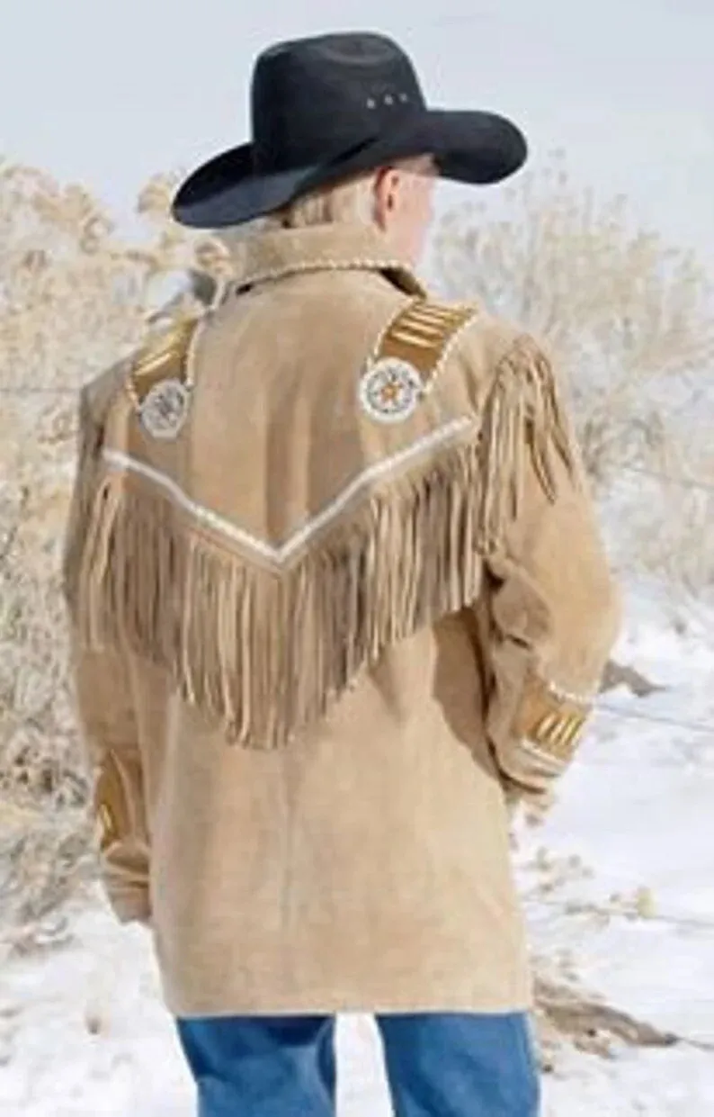 Men Brown Suede Vintage Traditional Western Cowboy Leather Jacket With Fringe Hand Made Country Side Red Indian Western Wear Coat For Men