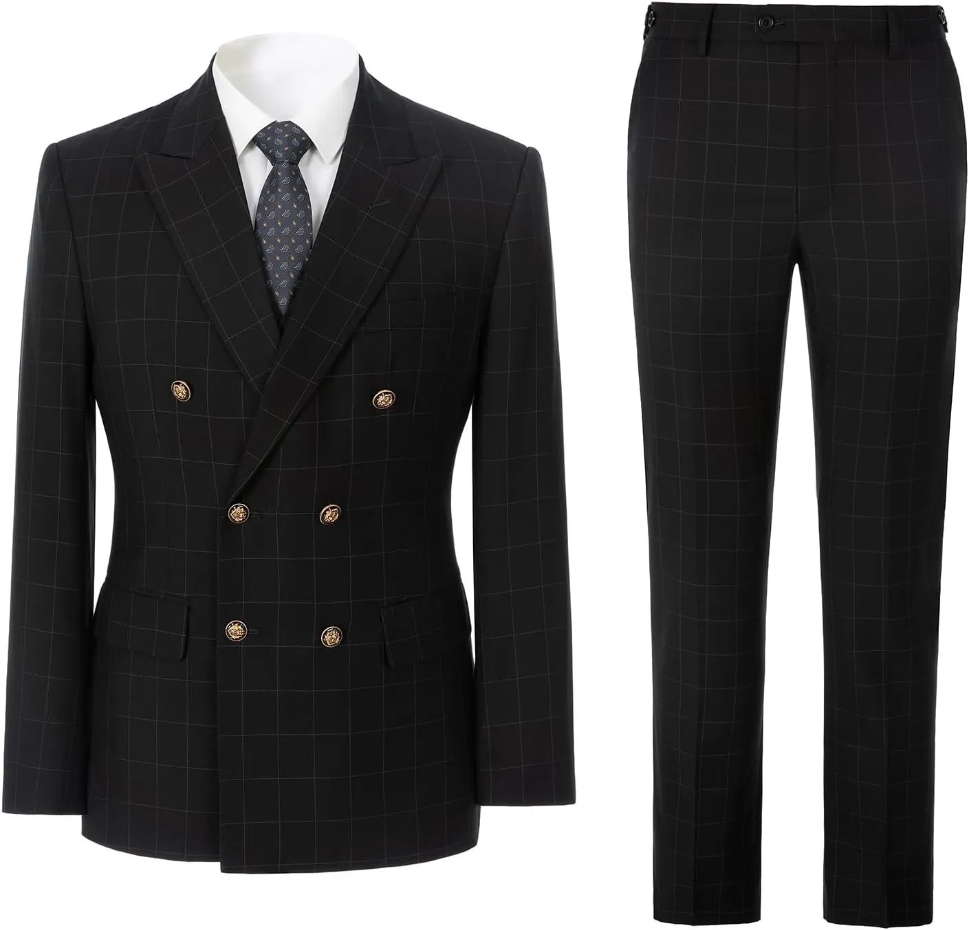 Men's 3 Piece Suits Slim Fit Plaid Double Breasted Blazer Vest Pants Set Wedding Party TuxedoBlack L