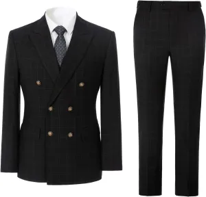 Men's 3 Piece Suits Slim Fit Plaid Double Breasted Blazer Vest Pants Set Wedding Party TuxedoBlack L