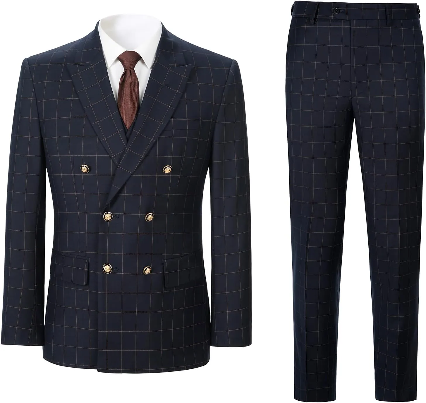 Men's 3 Piece Suits Slim Fit Plaid Double Breasted Blazer Vest Pants Set Wedding Party TuxedoNavy 2XL