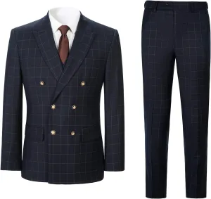 Men's 3 Piece Suits Slim Fit Plaid Double Breasted Blazer Vest Pants Set Wedding Party TuxedoNavy 2XL