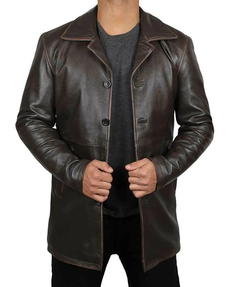 Men's Dark Brown Vintage Genuine Rub-off Cowhide Plain Leather Blazer Jacket Coat