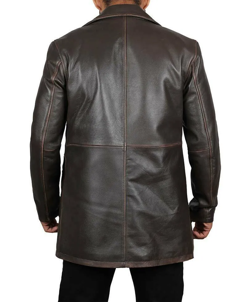 Men's Dark Brown Vintage Genuine Rub-off Cowhide Plain Leather Blazer Jacket Coat