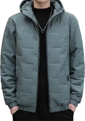 Mens Hooded Bomber Jacket Full Zip Lightweight Casual Windbreaker Windproof Quilted Jacket Warm Winter Padded Coats