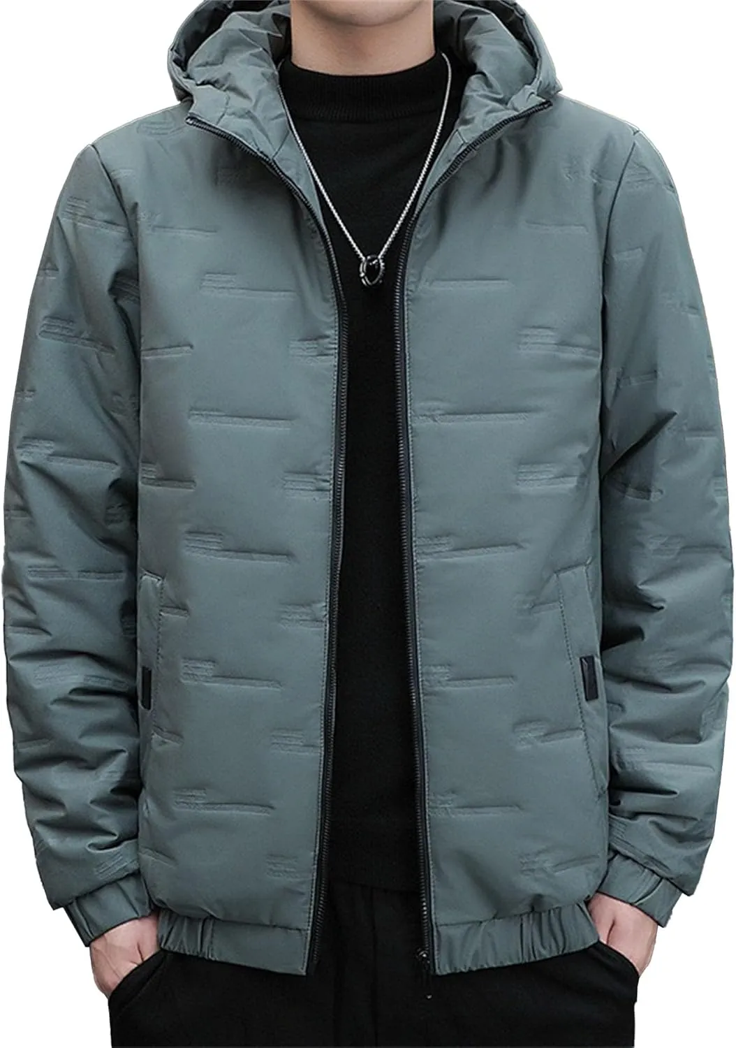 Mens Hooded Bomber Jacket Full Zip Lightweight Casual Windbreaker Windproof Quilted Jacket Warm Winter Padded Coats