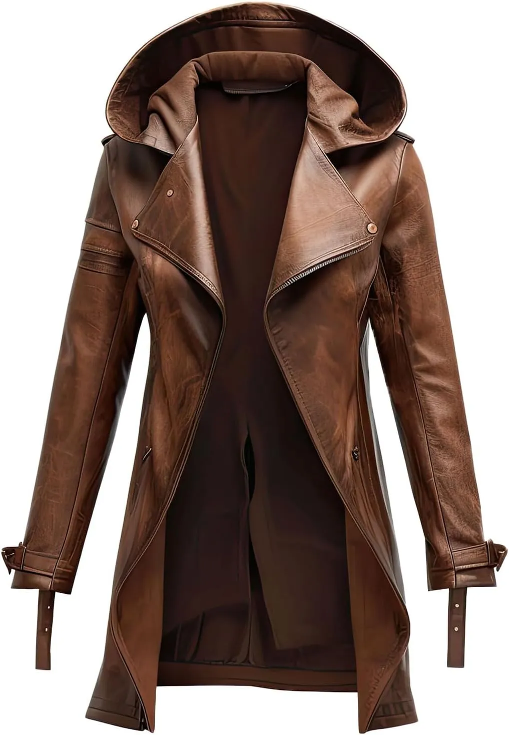 Men's Vintage Brown Distressed Sheepskin Leather Trench Coat with Hood, Mid-Length Casual Winter Jacket.