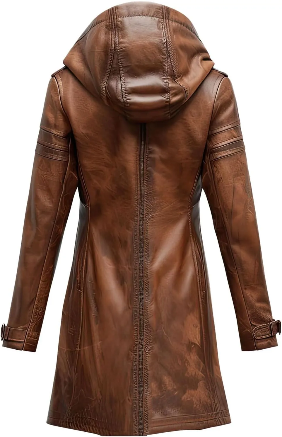 Men's Vintage Brown Distressed Sheepskin Leather Trench Coat with Hood, Mid-Length Casual Winter Jacket.