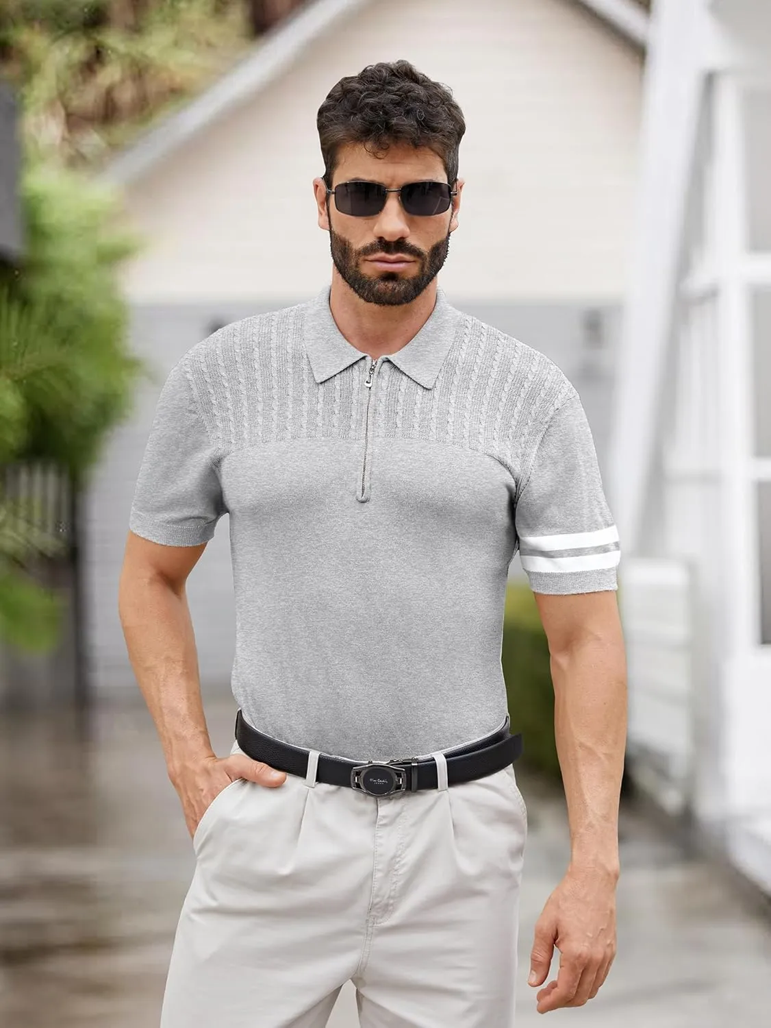 Men's Zipper Short Sleeve Polo Shirts Striped Textured Ribbed Knit Fashion Golf T-Shirts