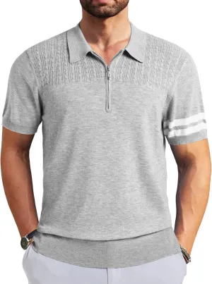 Men's Zipper Short Sleeve Polo Shirts Striped Textured Ribbed Knit Fashion Golf T-Shirts