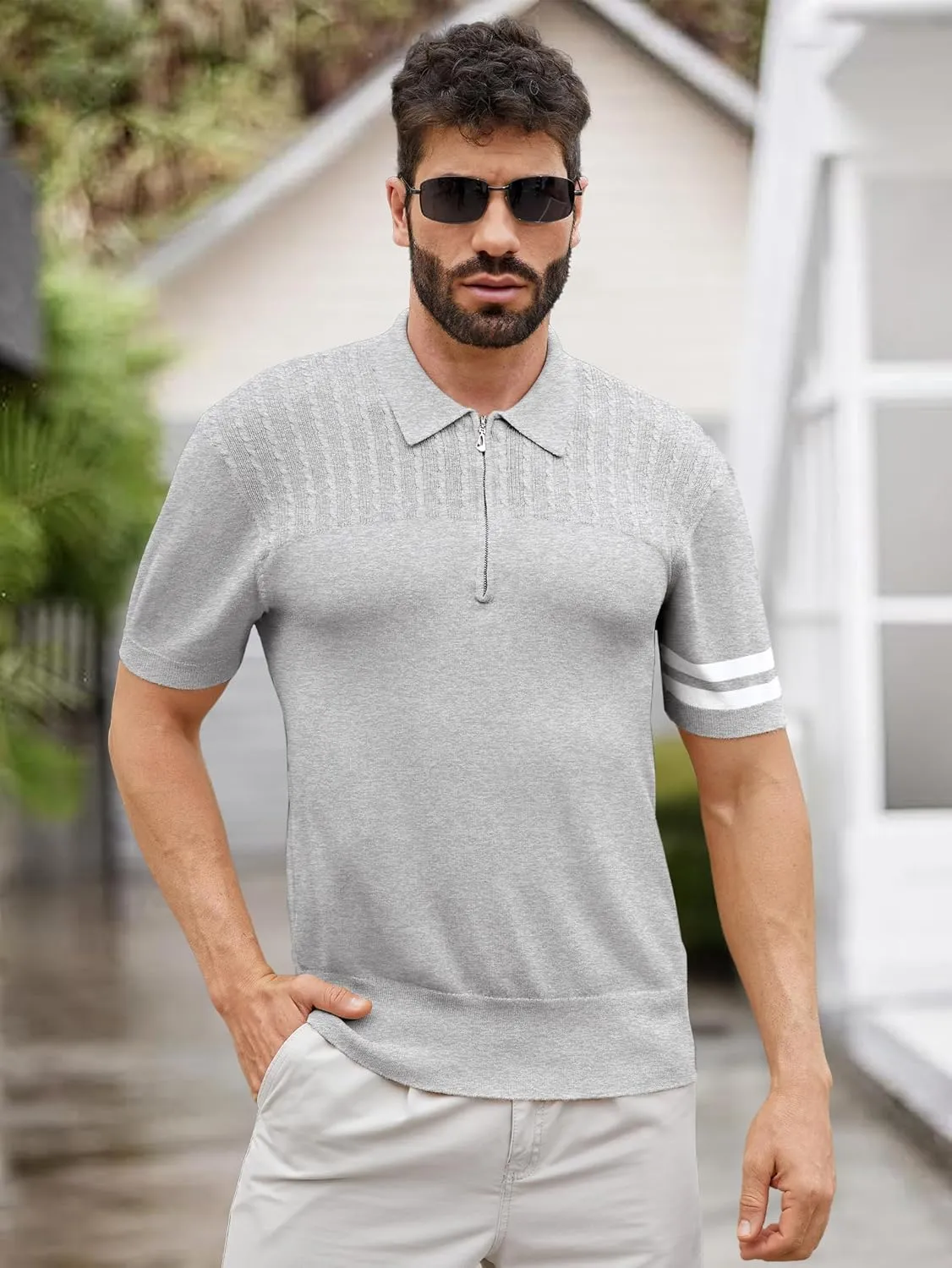 Men's Zipper Short Sleeve Polo Shirts Striped Textured Ribbed Knit Fashion Golf T-Shirts