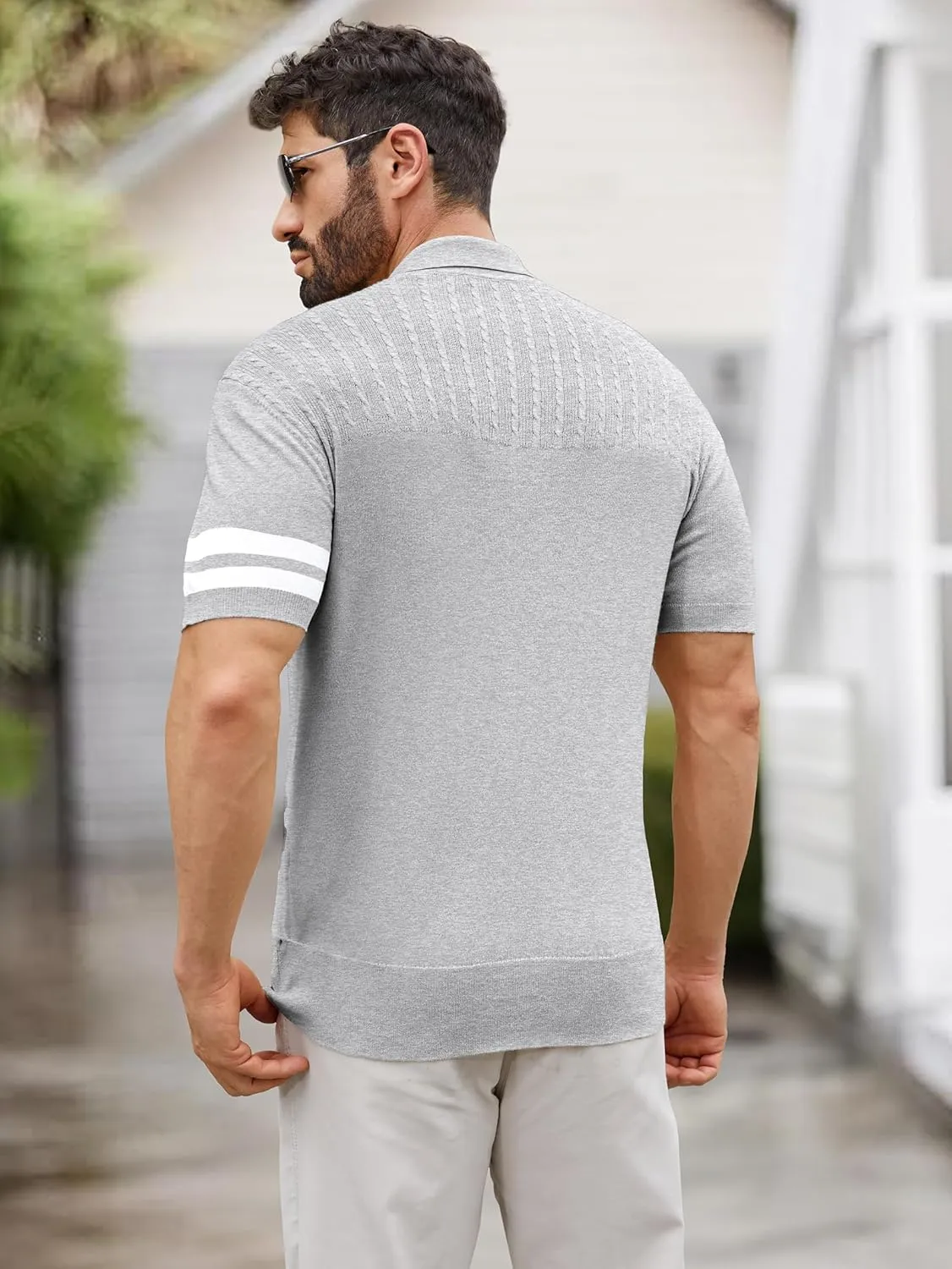Men's Zipper Short Sleeve Polo Shirts Striped Textured Ribbed Knit Fashion Golf T-Shirts