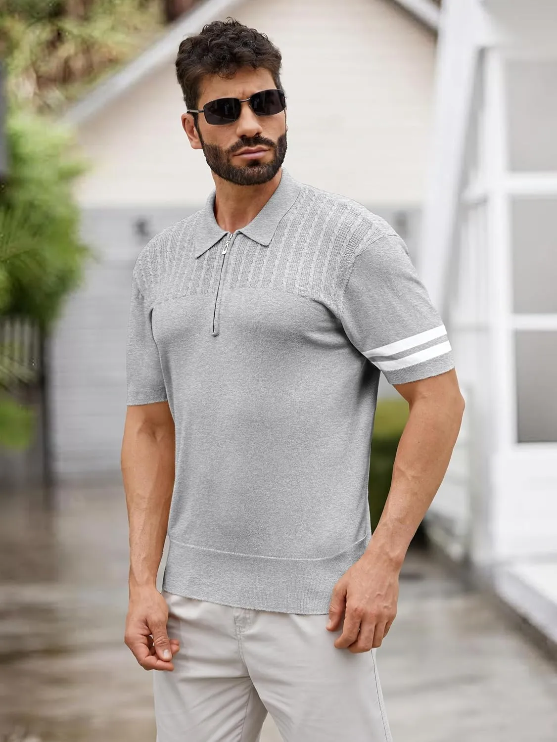 Men's Zipper Short Sleeve Polo Shirts Striped Textured Ribbed Knit Fashion Golf T-Shirts