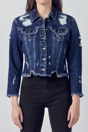 Mid Length Denim Distress Jacket