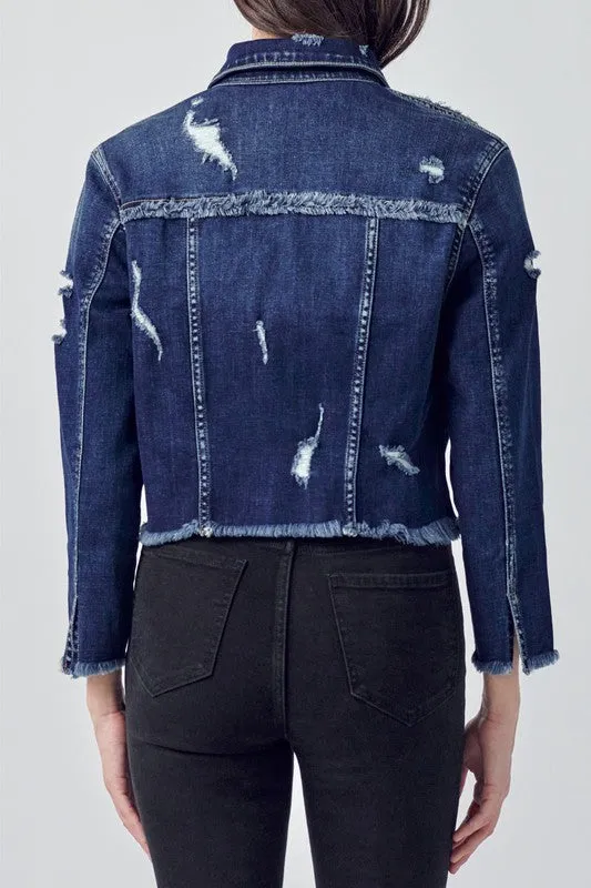 Mid Length Denim Distress Jacket