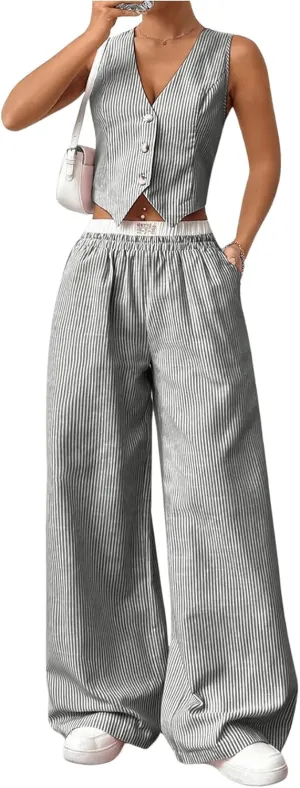Milumia Women's 2 Pcs Outfits Striped V Neck Button Blazer Vest Pants Tracksuit