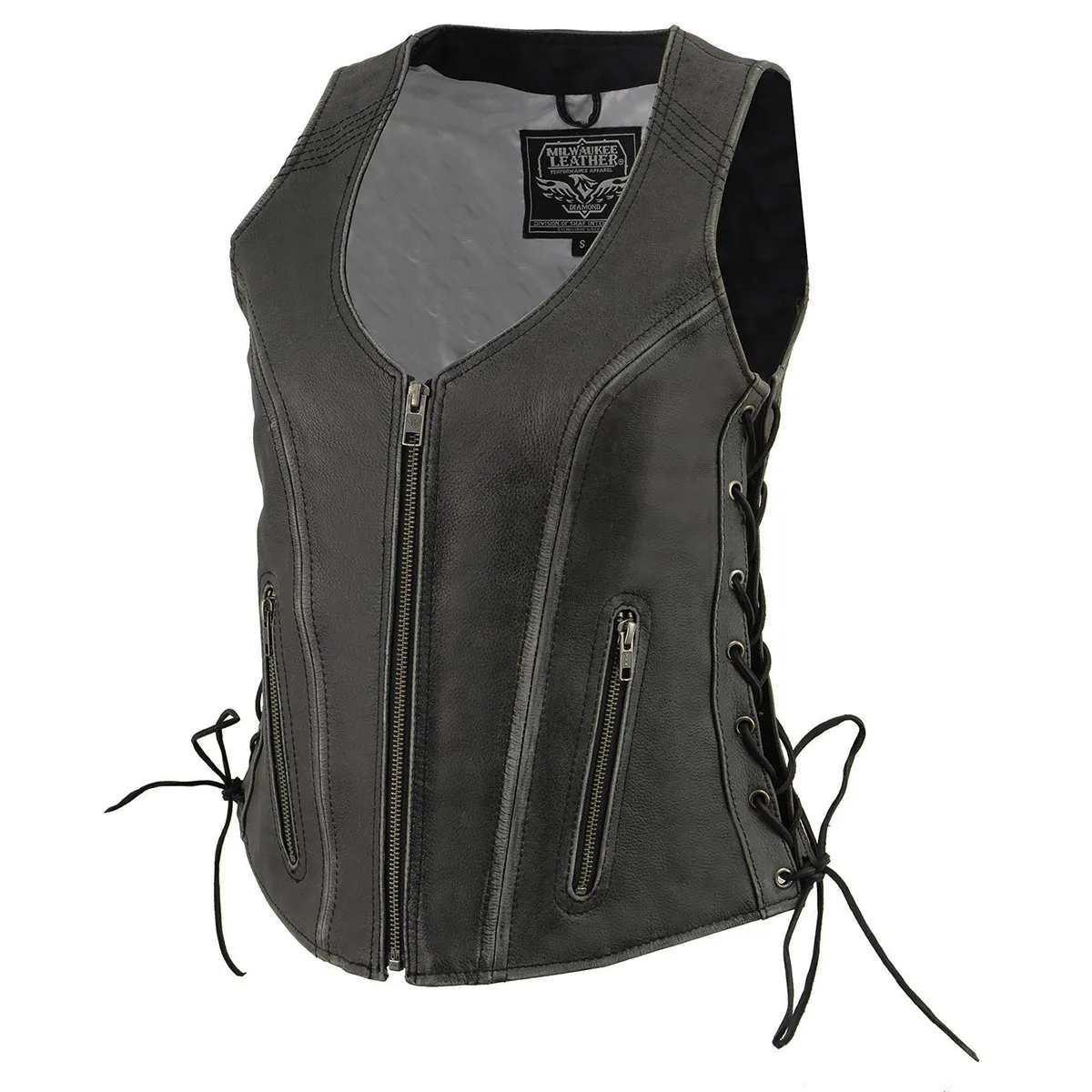 Milwaukee Leather Women's V-Neck Distress Grey Premium Leather
