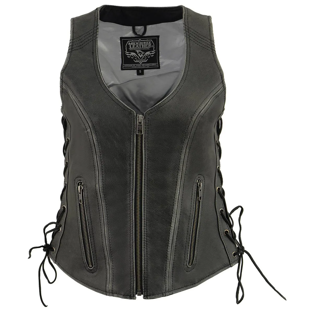 Milwaukee Leather Women's V-Neck Distress Grey Premium Leather
