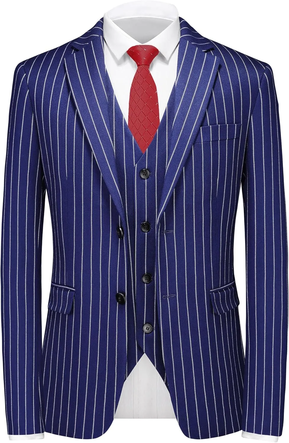 MOGU Mens 3 Piece Pinstripe Suit Slim Fit Double Vents Tuxedo Jacket Vest & Pants Casual Dress Set