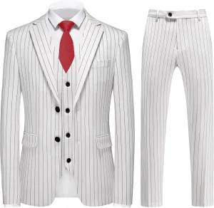 MOGU Mens 3 Piece Pinstripe Suit Slim Fit Double Vents Tuxedo Jacket Vest & Pants Casual Dress Set