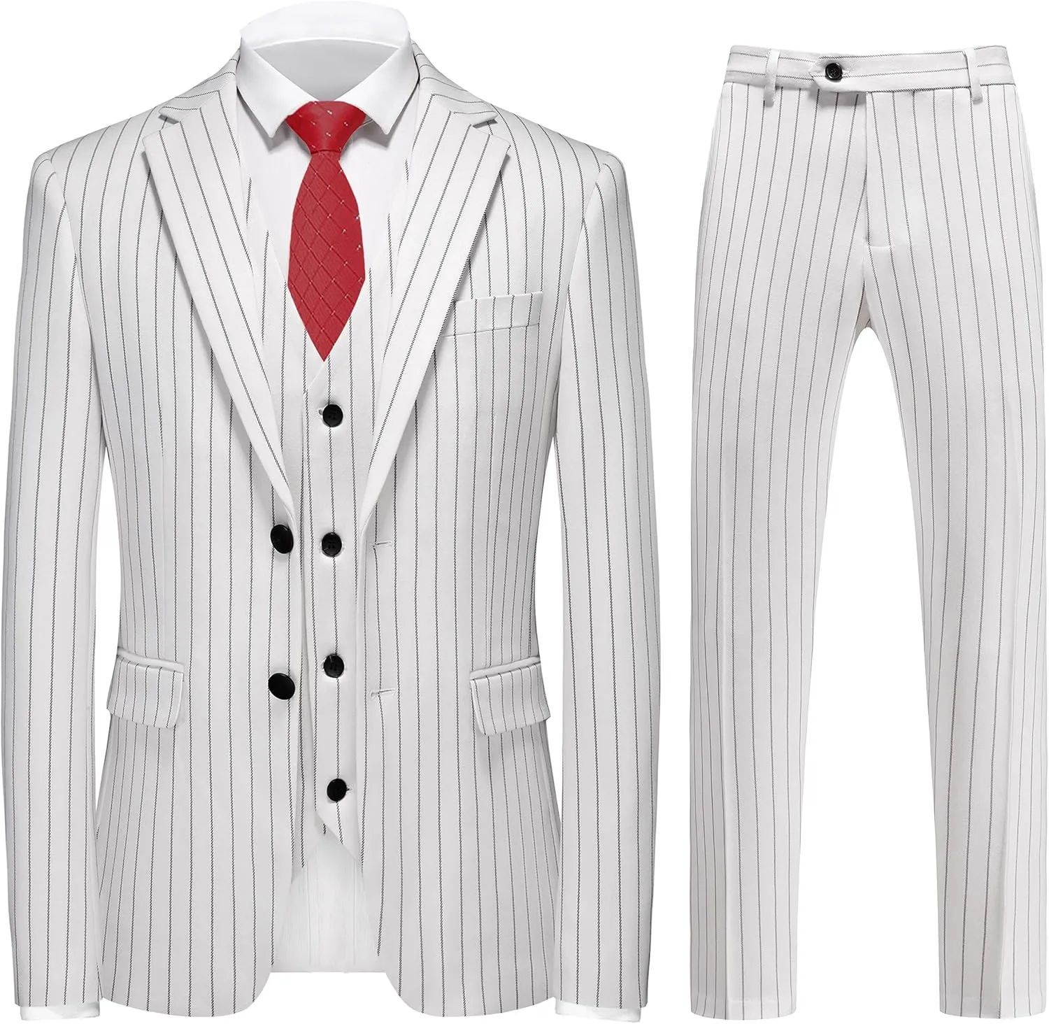 MOGU Mens 3 Piece Pinstripe Suit Slim Fit Double Vents Tuxedo Jacket Vest & Pants Casual Dress Set