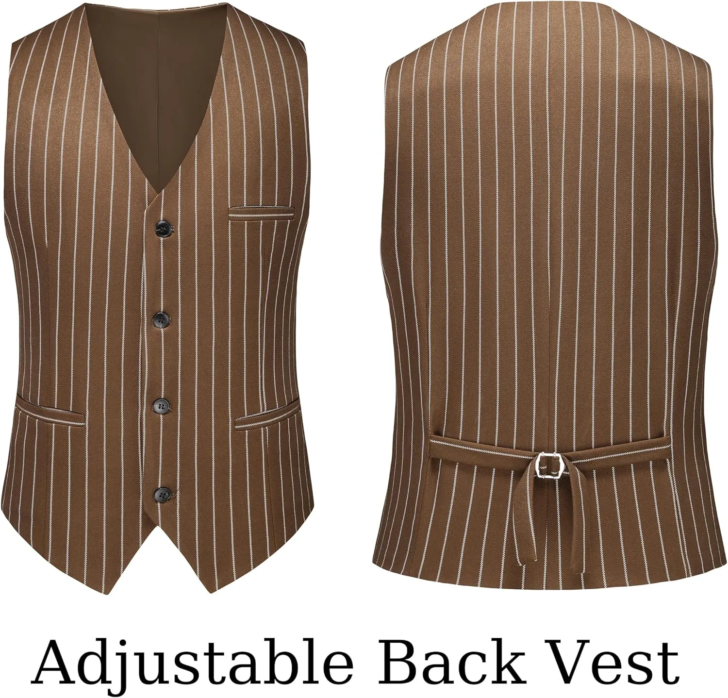 MOGU Mens 3 Piece Pinstripe Suit Slim Fit Double Vents Tuxedo Jacket Vest & Pants Casual Dress Set