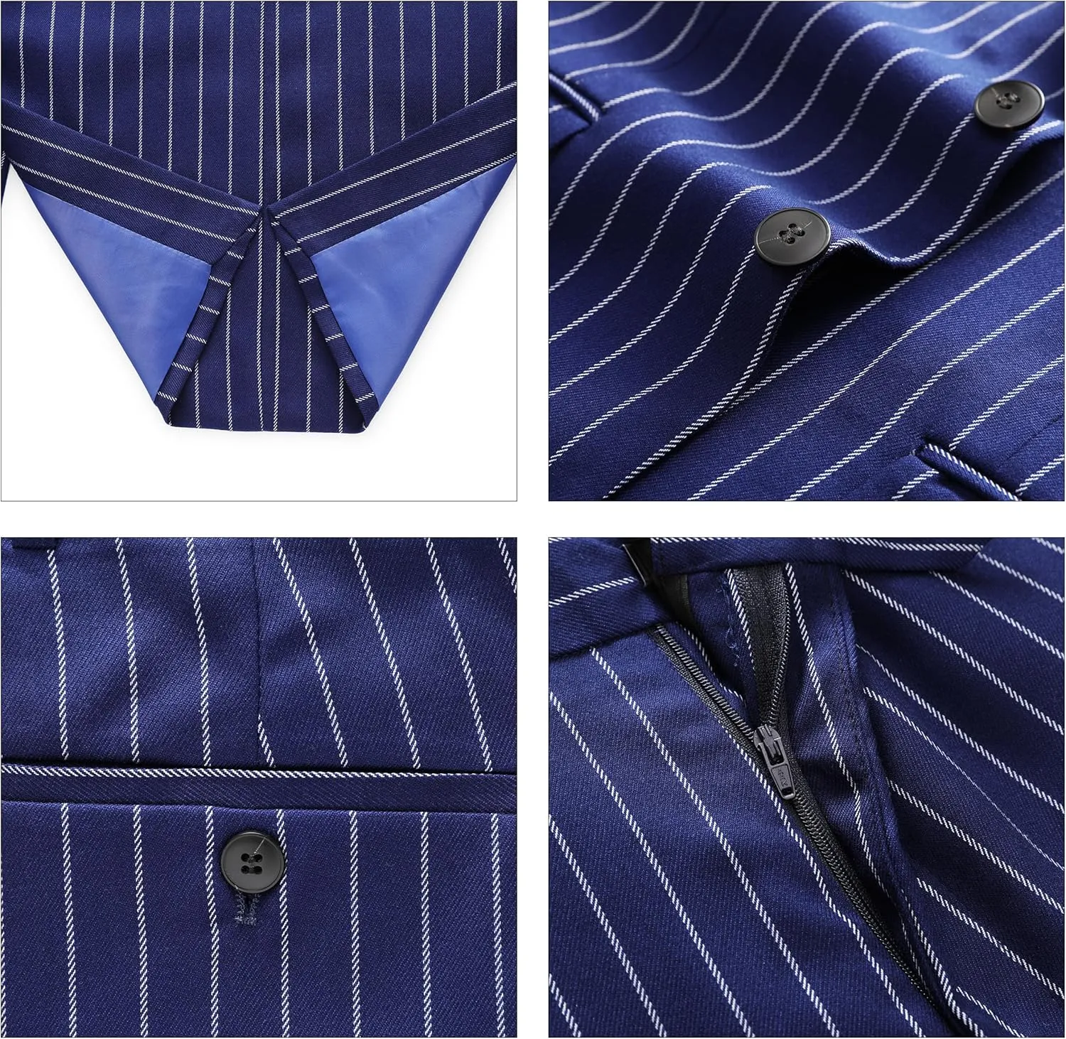 MOGU Mens 3 Piece Pinstripe Suit Slim Fit Double Vents Tuxedo Jacket Vest & Pants Casual Dress Set