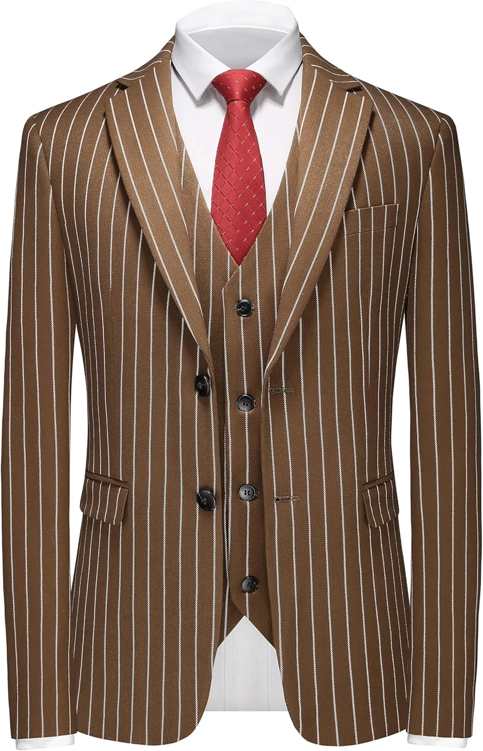 MOGU Mens 3 Piece Pinstripe Suit Slim Fit Double Vents Tuxedo Jacket Vest & Pants Casual Dress Set
