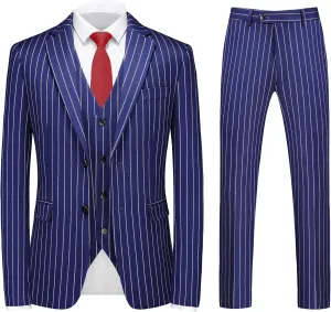 MOGU Mens 3 Piece Pinstripe Suit Slim Fit Double Vents Tuxedo Jacket Vest & Pants Casual Dress Set