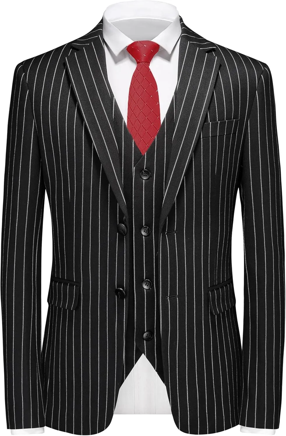 MOGU Mens 3 Piece Pinstripe Suit Slim Fit Double Vents Tuxedo Jacket Vest & Pants Casual Dress Set