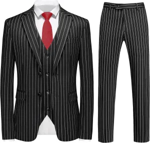 MOGU Mens 3 Piece Pinstripe Suit Slim Fit Double Vents Tuxedo Jacket Vest & Pants Casual Dress Set