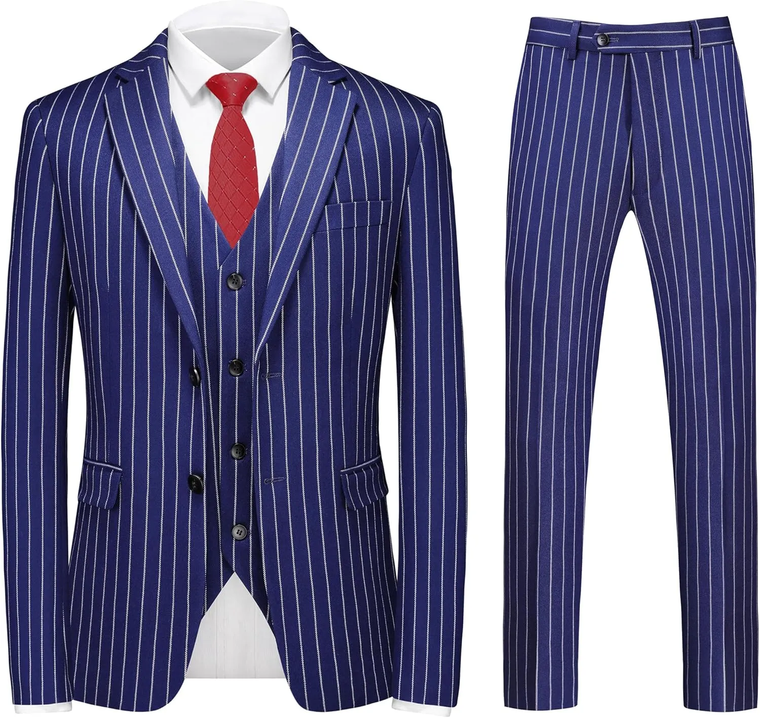 MOGU Mens 3 Piece Pinstripe Suit Slim Fit Double Vents Tuxedo Jacket Vest & Pants Casual Dress Set
