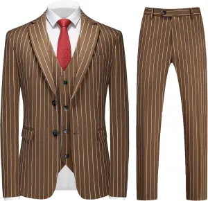 MOGU Mens 3 Piece Pinstripe Suit Slim Fit Double Vents Tuxedo Jacket Vest & Pants Casual Dress Set