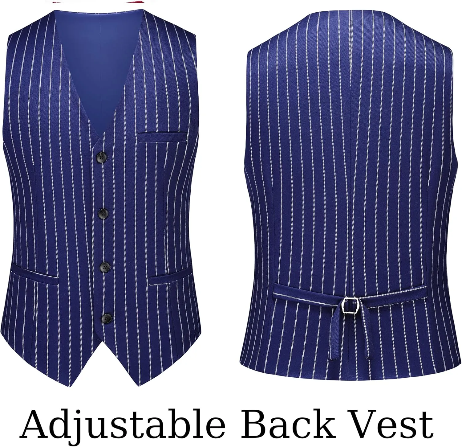 MOGU Mens 3 Piece Pinstripe Suit Slim Fit Double Vents Tuxedo Jacket Vest & Pants Casual Dress Set