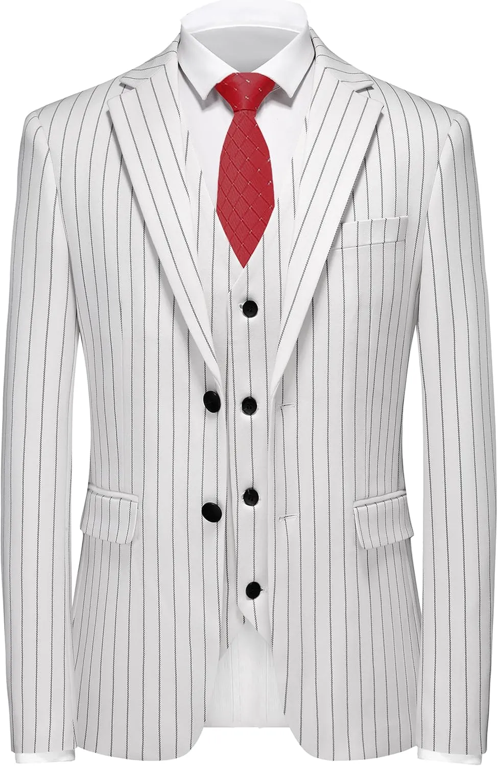 MOGU Mens 3 Piece Pinstripe Suit Slim Fit Double Vents Tuxedo Jacket Vest & Pants Casual Dress Set