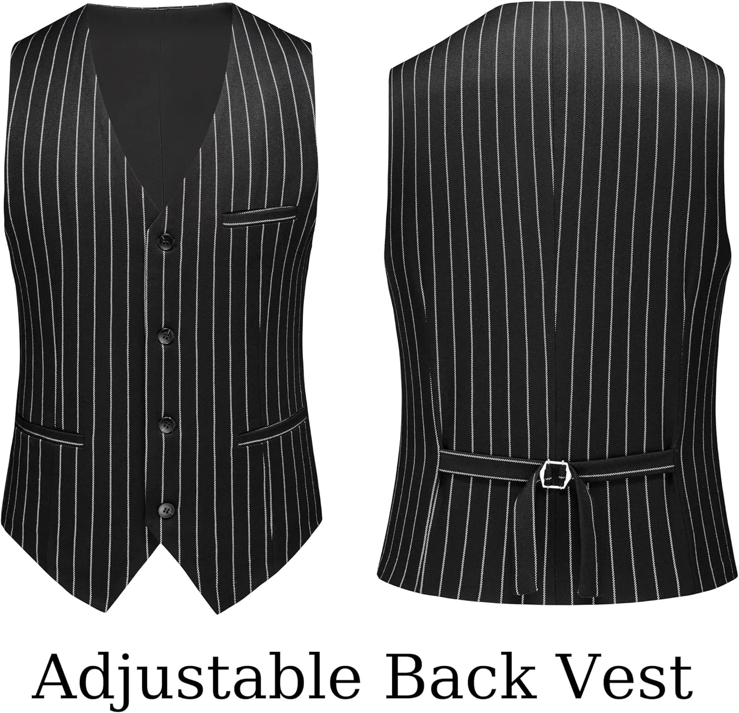 MOGU Mens 3 Piece Pinstripe Suit Slim Fit Double Vents Tuxedo Jacket Vest & Pants Casual Dress Set