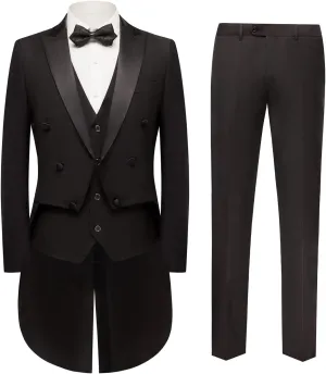 MOGU Men's 3 Piece Suit Swallow Tailed Coat Slim Fit Double Breasted Tailcoat for Performances