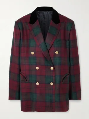 Night Break double-breasted velvet-trimmed checked wool blazer