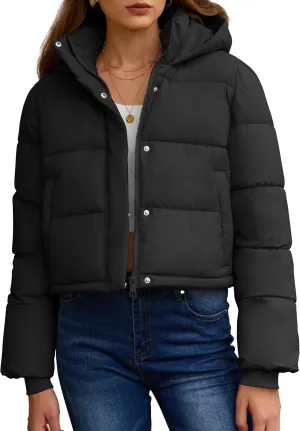 PHISOCKAT Womens Puffer Jacket Cropped Quilted Jacket Long Sleeve Full Zip Coats with Pockets Winter Outerwear with Hood