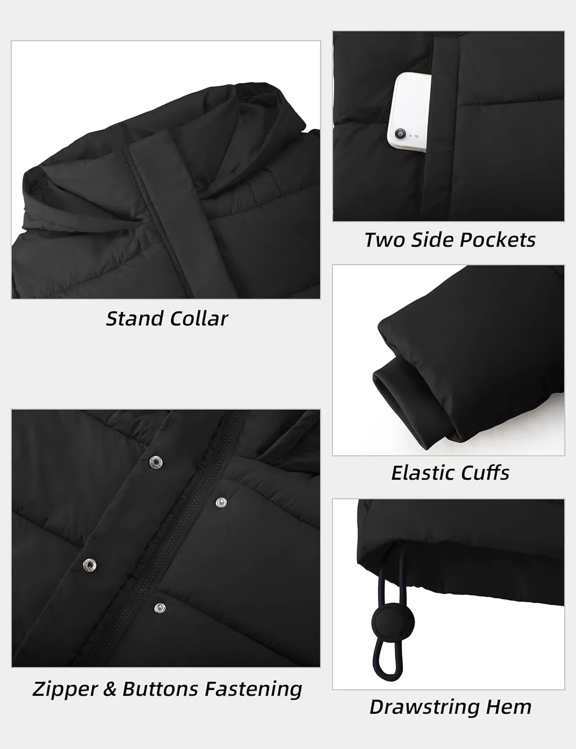 PHISOCKAT Womens Puffer Jacket Cropped Quilted Jacket Long Sleeve Full Zip Coats with Pockets Winter Outerwear with Hood