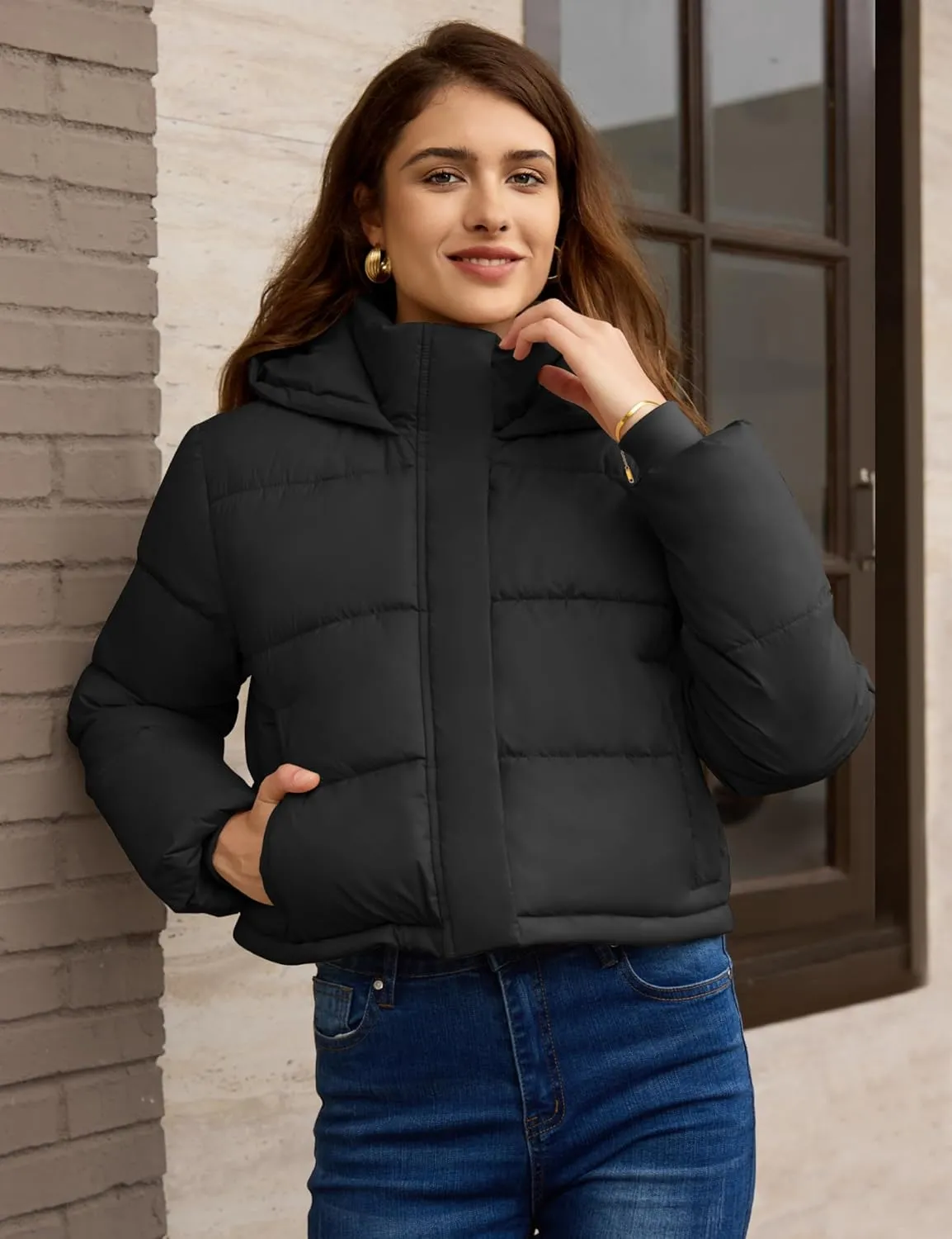 PHISOCKAT Womens Puffer Jacket Cropped Quilted Jacket Long Sleeve Full Zip Coats with Pockets Winter Outerwear with Hood