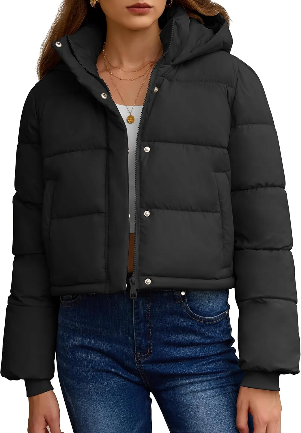 PHISOCKAT Womens Puffer Jacket Cropped Quilted Jacket Long Sleeve Full Zip Coats with Pockets Winter Outerwear with Hood