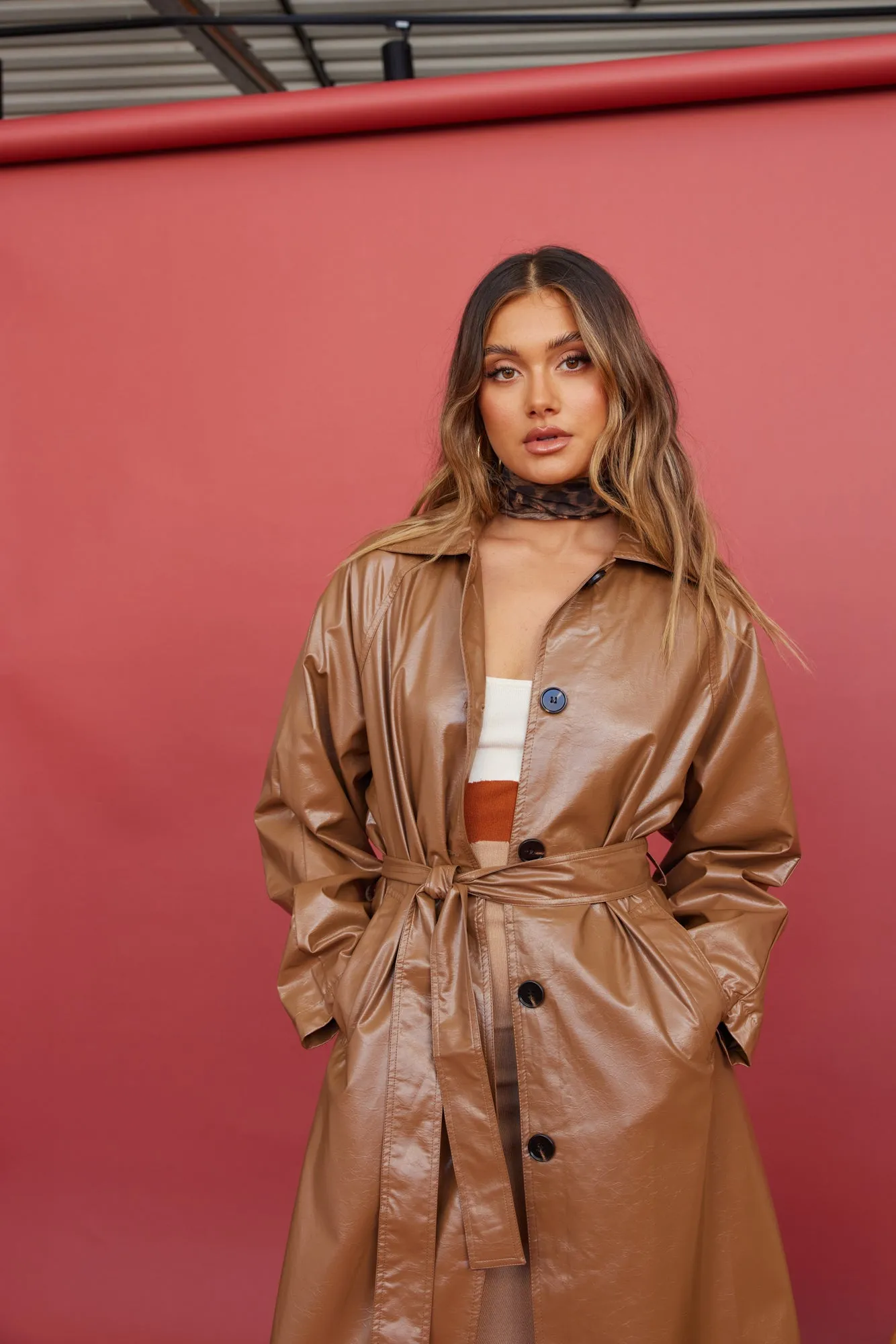Radio Waves Faux Leather Trench Coat Brown